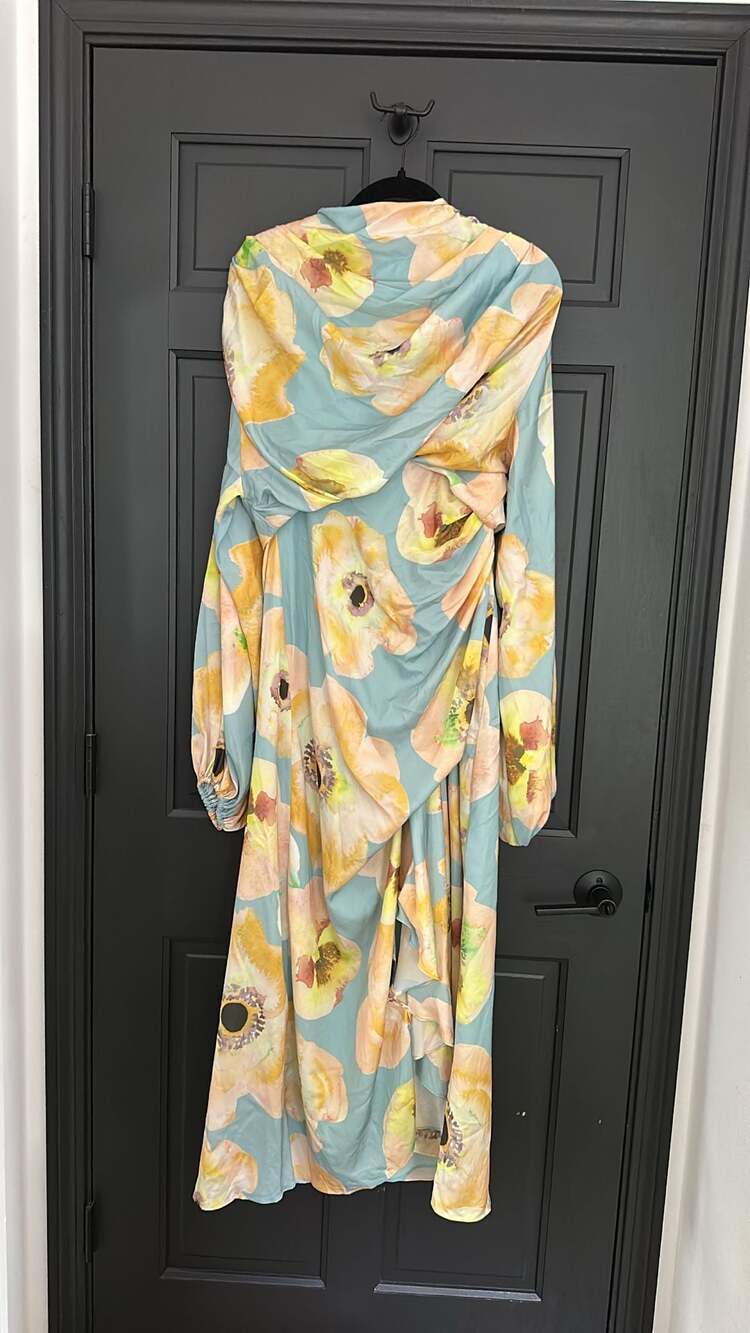 ASOS EDITION high neck maxi dress with asymmetric waist and hood in blue floral